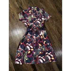 Tahari Dress Womens XS Blue Purple Floral Short‎ Sleeve Button Front Tie Waist